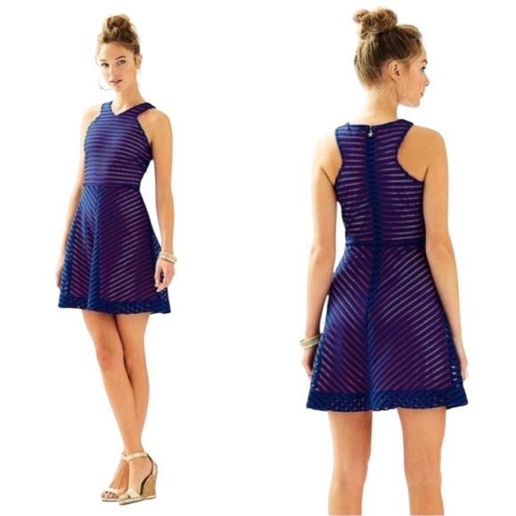 Lilly Pulitzer Megyn Dress Fit Flare Sleeveless Blue Pink‎ Striped Party, Small - Picture 1 of 15